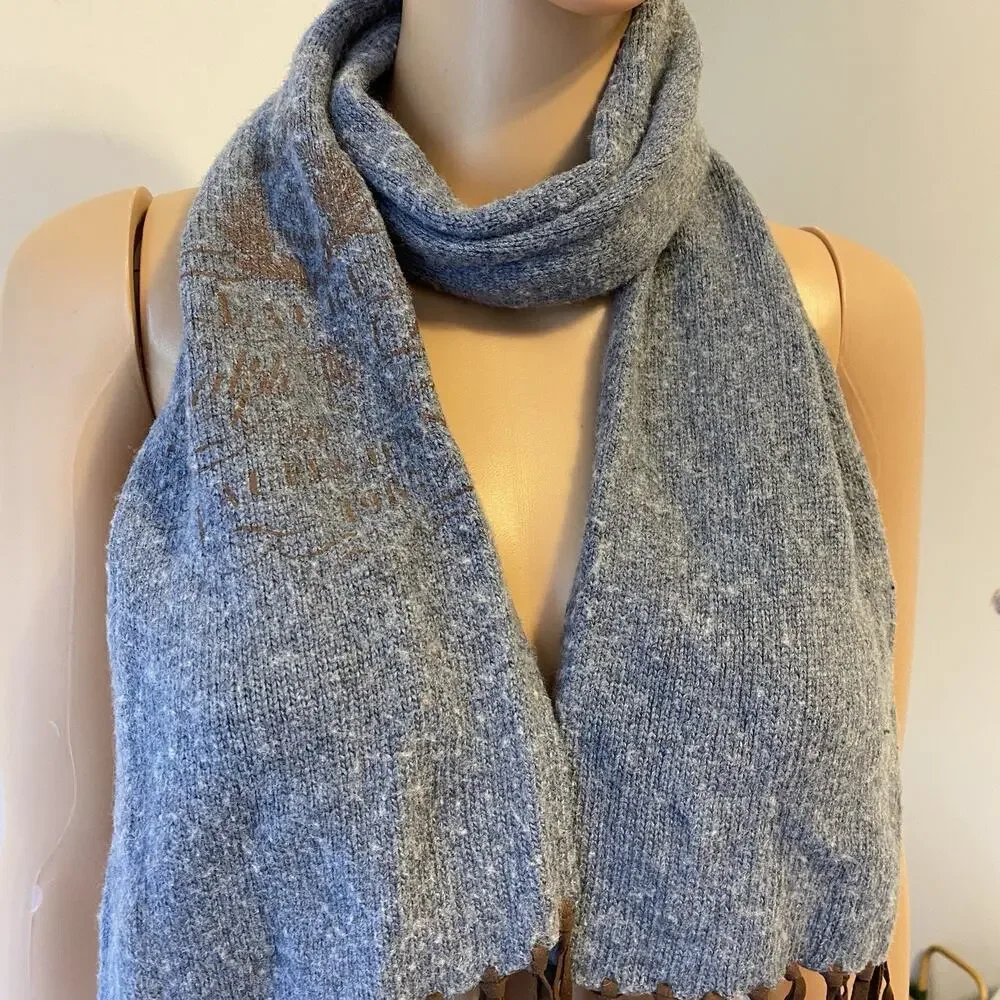 Ralph Lauren Merino Wool Blend Neck Warmer Scarf Blue Tweed Long Fringe Unisex
